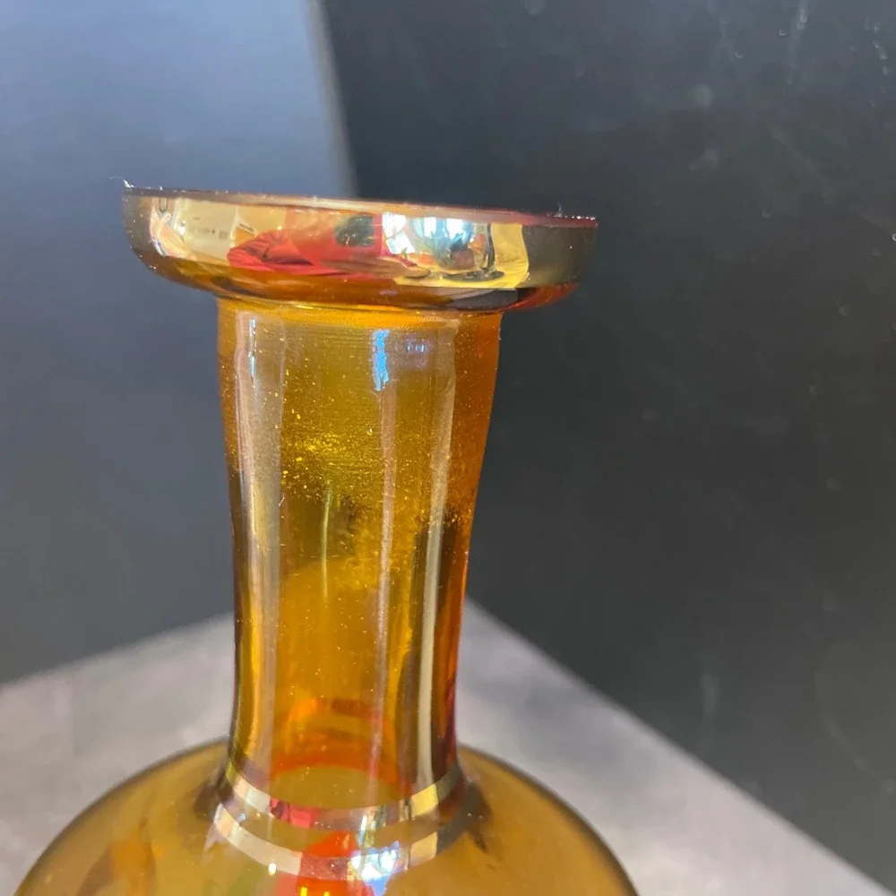 Amber Glass Red Flower‎ Decanter Green Leaf Glasses Vintage Barware Gold Trim